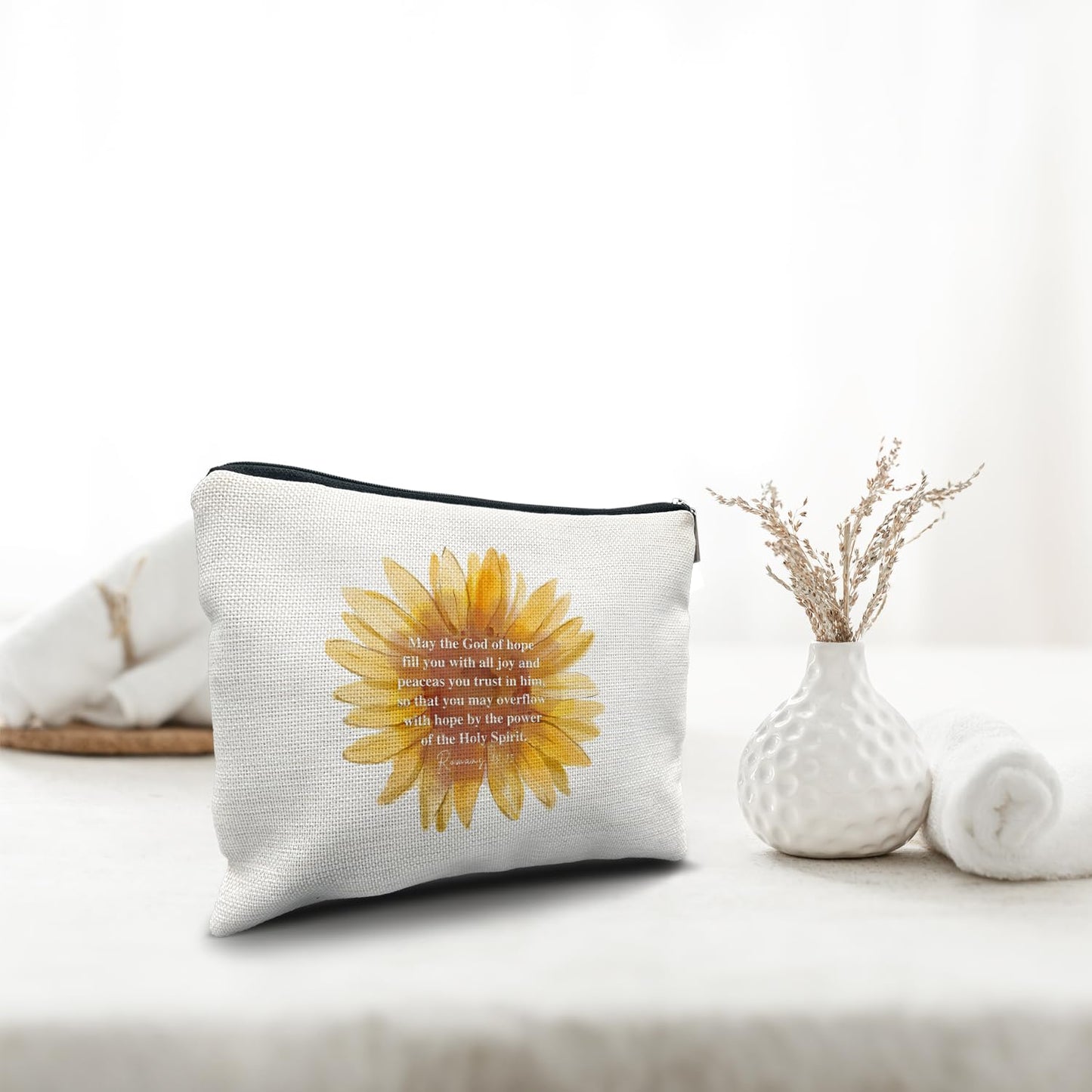 Nogrit Sunflower Christian Makeup Bag Cosmetic Bags for Women, Inspirational Christian Gifts for Women Faith, Religious Bible Verse Small Makeup Cosmetic Bag for Purse, Romans 15:13