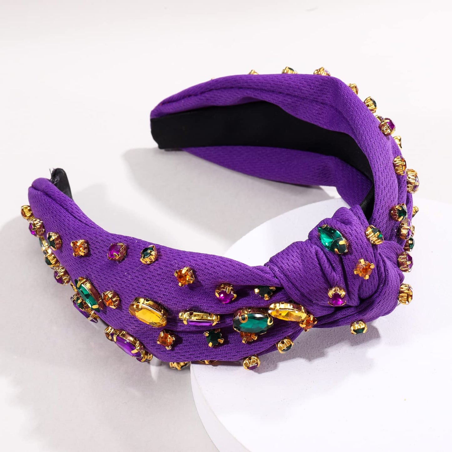 CENAPOG Rhinestone Knotted Mardi Gras Headband for Women Sparkly Crystal Embellished Hairbands Twist Turban Headband Elastic Wide Velvet Hair Hoop Party Holiday Headwear for Girls (Mardi gras colors)