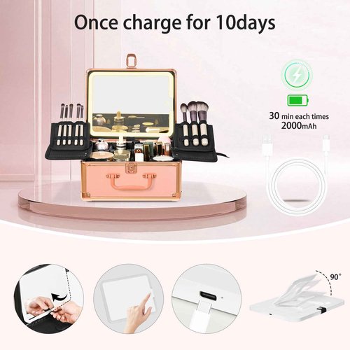 GALHUBIS Makeup Case with Lighted Mirror, Makeup Box Organizer with Detachable LED Mirror, Travel Makeup Train Case, Waterproof Cosmetic Organizer, Standing Brush Holder, Gift, Rose Gold