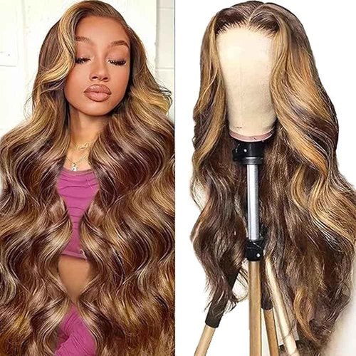 Lagalaga 20 Inch Color P4/27 Body Wave Wigs Human Hair Highlight Blonde Wis 200% Density Highlight Lace Frontal Wig 4x4 Lace Closure Wig Human Hair Pre Plucked For Black Women