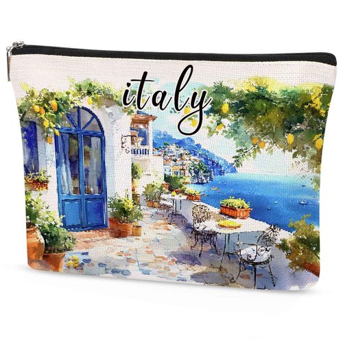 SEAOYOZO Italy Makeup Bag Gifts for Women, Italy Souvenirs, Travel Essentials Cosmetic Pouch Waterproof Linen Toiletry Organizer, Italian Themed Gifts for Travelers Wife Mom Friends Teacher Coworker