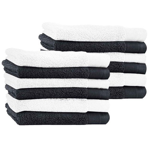 Luxury 100% Cotton Washcloths - Pack of 12, Extra Soft & Fluffy, Quick Dry & Super Absorbent, Hotel Quality, Small Hand Towel Set for Gym, Salon, Spa & Home, White / Charcoal Gray - 13" x 13"
