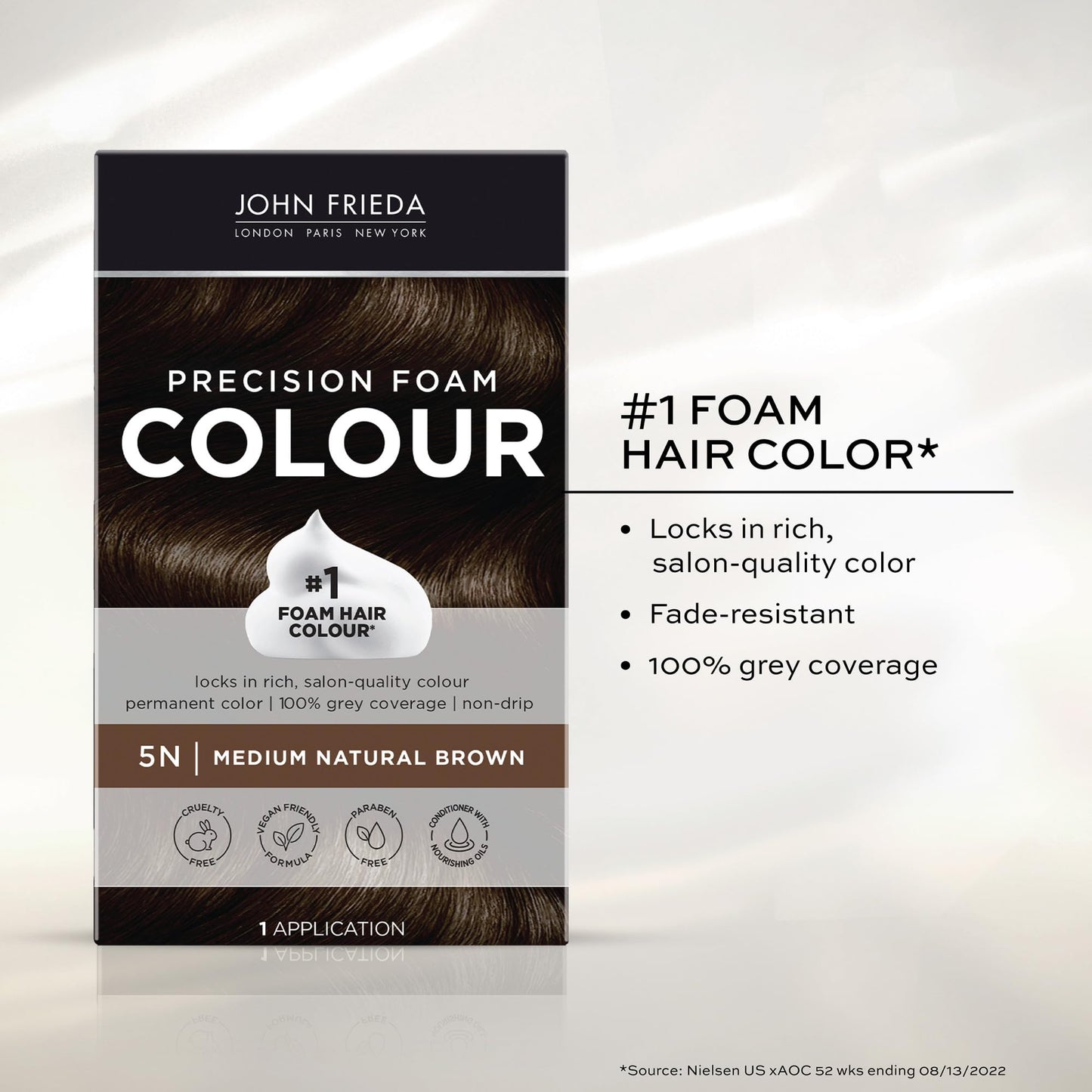 John Frieda Precision Foam Colour, Medium Natural Brown 5N, Full-coverage Hair Color Kit, Anti-Fade Gray Coverage, Deep Color Saturation Hair Dye, 1 Application