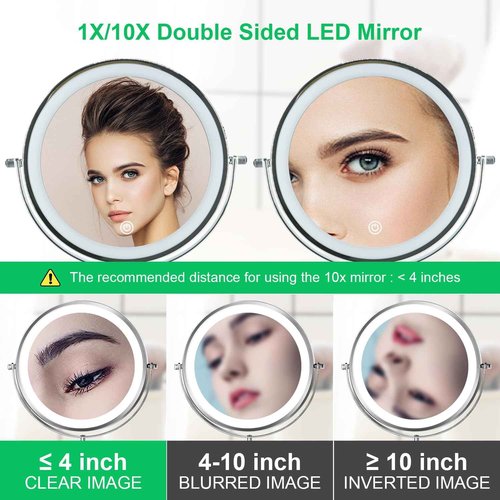 Aoglenic Makeup Mirror with Light, 8 inch Rechargeable 1X 10X Magnifying Mirror, Lighted Vanity Mirror with Magnification, Double Sided 360° Rotation, 3 Colors and Brightness Adjustable
