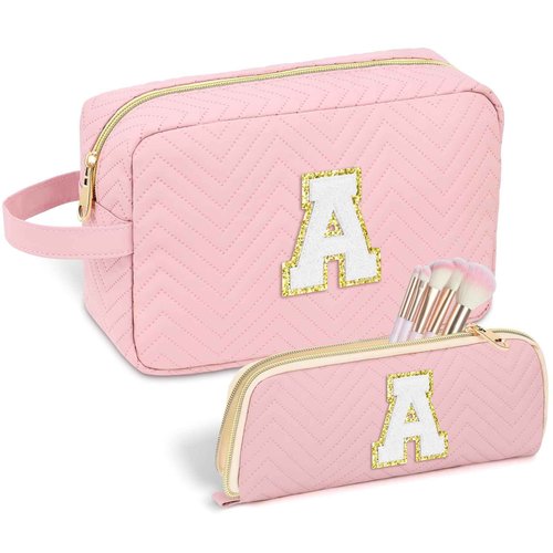 Personalized Initial Makeup Bag Trendy Stuff Leather Waterproof Cosmetic Bag Travel Toiletry Bag, Christmas/Thanksgiving/Halloween Gifts Makeup Organizer Case for Women Girls Mom Girlfriend Wife