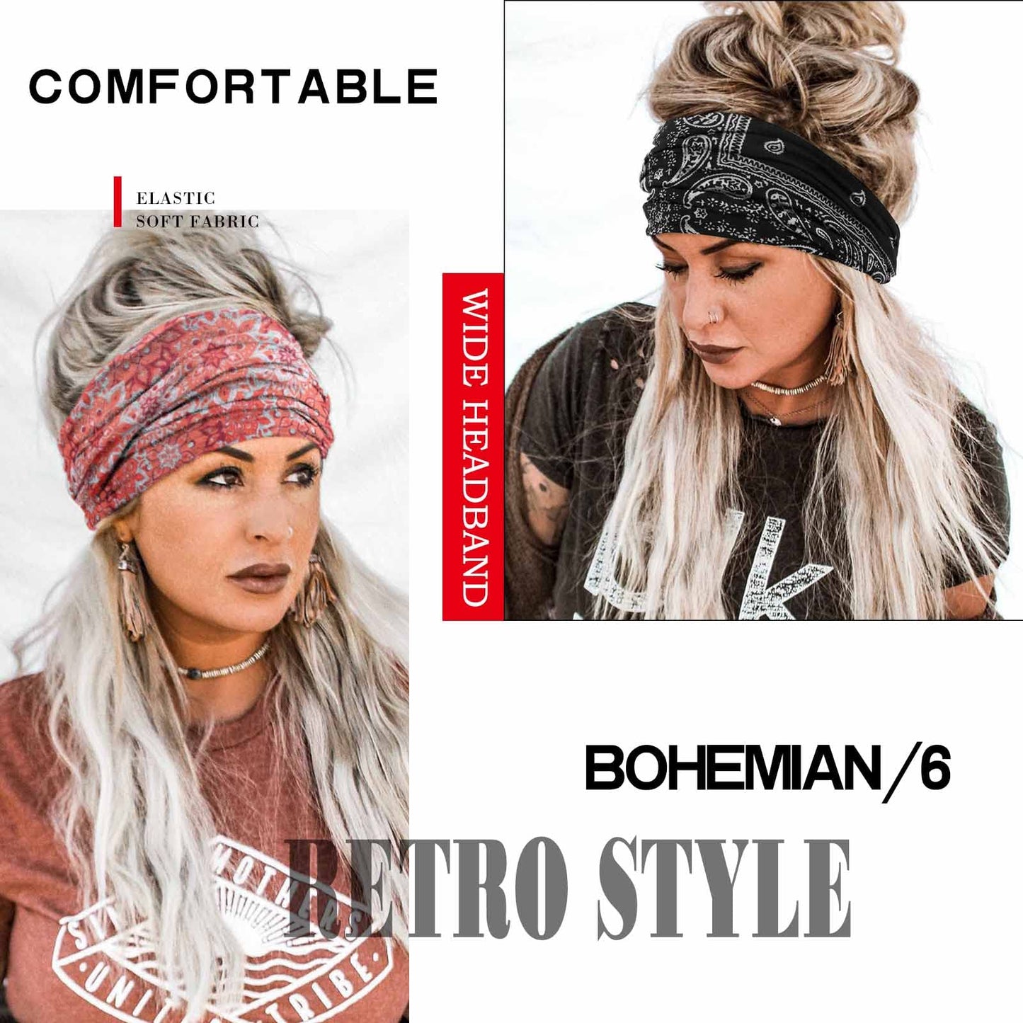 Olbye Boho Headbands Women Wide Knotted Headband Turban Elastic Hairbands Nonslip Floral Head Bands Yoga Sweatbands Workout Head Wraps Bandana Hair Scarfs Bohemian Hair Accessories 6Pcs (Bohemian)