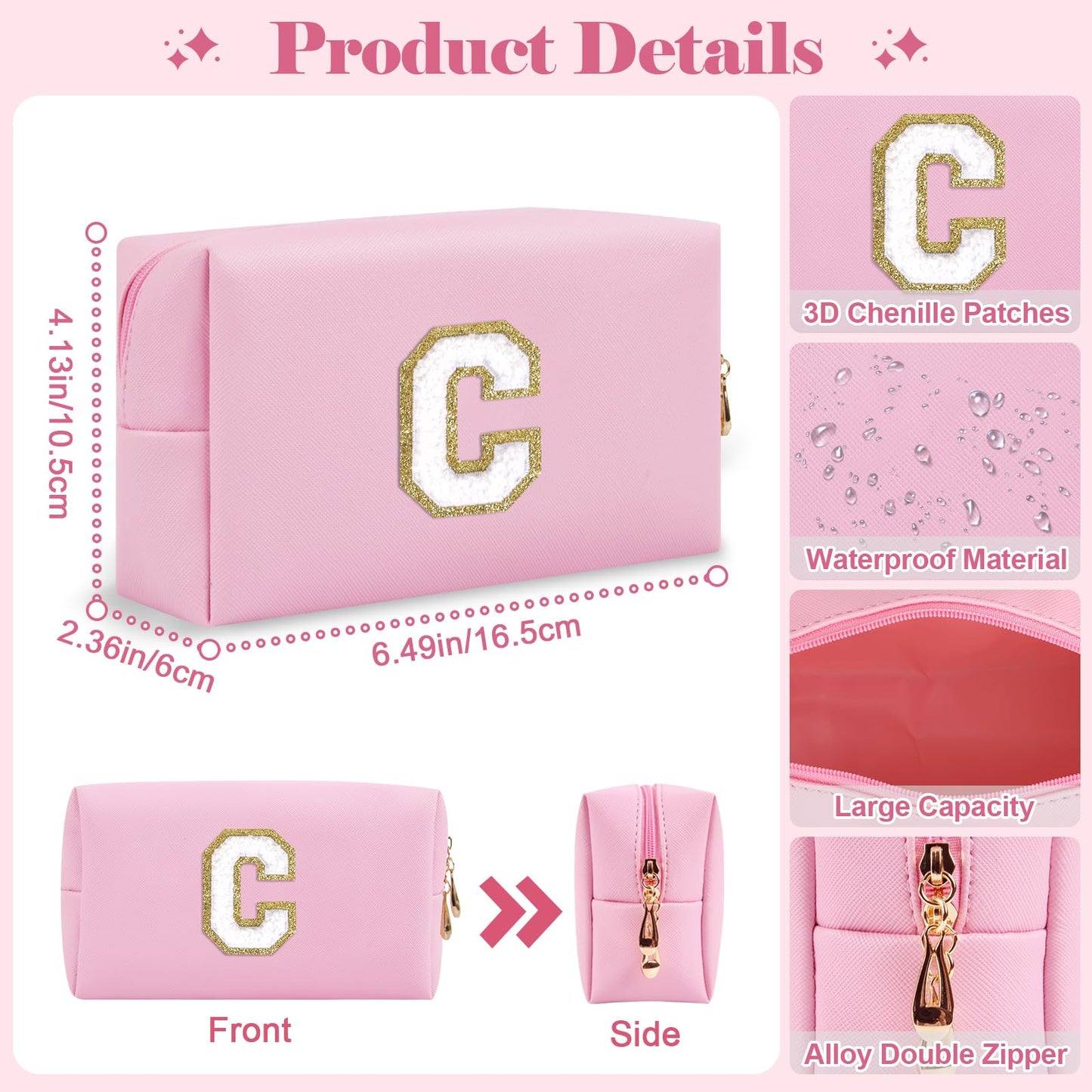 2Pack Personalized Initial Letter Patch Makeup Bag,Pink Cute Preppy Cosmetic Bag with Small Makeup Brush Bag,PU Travel Toiletry Zipper Pouch,Personalized Gifts for Women Teen Girls Friend Mom,Letter C