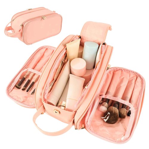 COLGRAM Large Pink Makeup Bag for Women, Waterproof Travel Makeup Bag & Toiletry Organizer with Cosmetic Case, Spacious Make Up Travel Bag for Women's Toiletry Essentials