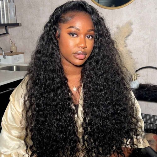 MARYLING Deep Water Wave Half Wig 3 In 1 Wear and Go Headband Wig Drawstring Seamless Flip Over Deep Curly Half Wigs Beginner Friendly Half Wig for Black Women Natural Black 26 Inch