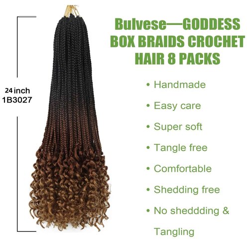 Goddess Box Braids Crochet Hair with Curly Ends 24inch Long Crochet Braids for Black Women Pre Looped 8 Packs Bohemian Style Goddess Box Braid Hair Extensions (1B/30/27)