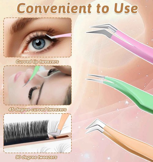 3Pcs Eyelash Tweezers for Extensions, High Precision Fiber Tip Lash Tweezers Eyelash Extension Tweezer for Lashes Curved & Volume Pinzas Kit for Lashes, Professional Use, Pink Purple Green