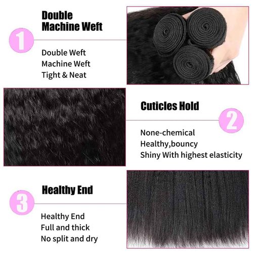DMS Kinky Straight Bundles Yaki Straight Bundles Human Hair For Black Women 100% Unprocessed Brazilian Remy Hair Natural Black Color (22 inch，black)