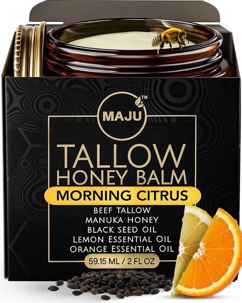 MAJU Tallow Honey Balm, Morning Citrus (2 oz), Grass Fed Beef Tallow for Skin with Organic Black Seed Oil, Manuka Honey and Organic Beeswax, Skin and Face Moisturizer for Deep Hydration
