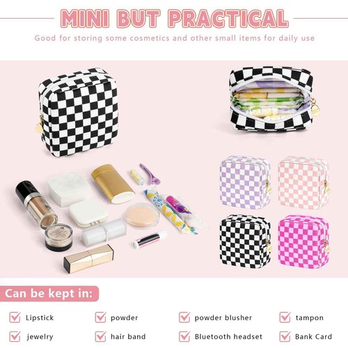 Desing Wish 5.1'' x 5.1'' Small Makeup Bag for Purse Flocked Material Mini Travel Makeup Bag with Two Inner Pockets Portable Cute Cosmetic Bags for Women (Black-White Checker)