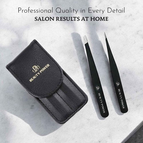 Beauty Power Precision Tweezers for Women Facial Hair & Men - Professional Tweezers Set with Slant & Point Tips, German Stainless Steel, PU Leather Travel Case, Lightweight & Ultra Precision Black