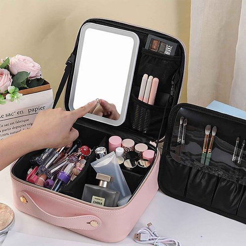 Linsiter Professional Makeup bag with Mirror and Light, Cosmetic Train Cases Waterproof PU Leather, Large Capacity, Pink