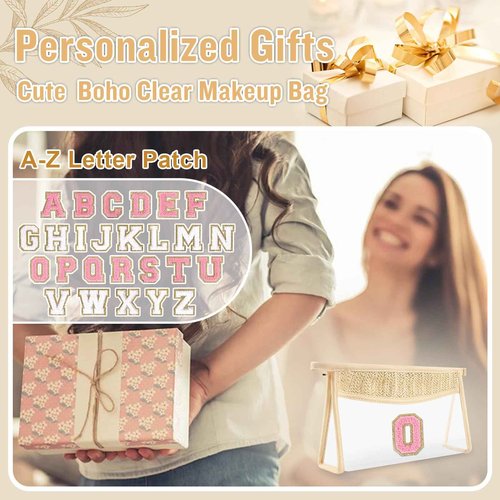 Boho Straw Clear Initial Makeup Bag, Small Cute Cosmetic Zipper Pouch Beige Chenille Varsity Letter Toiletry Bag, Monogrammed Travel Toiletry Makeup Organizer Personalized Gifts for Women(Letter O)