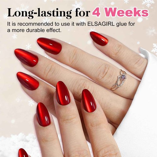 ELSAGIRL 5 Styles Red Cat Eye Press on Nails, 160PCS 16 Sizes Short Almond, Soft Gel Fake Nails for Women Girl Gift& Daily Wear,Christmas