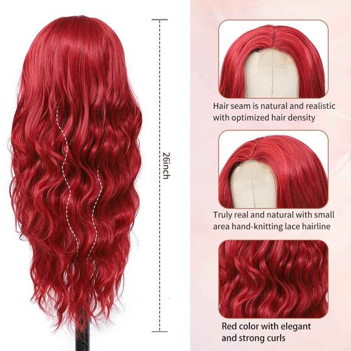 HMHIFI Long Red Wig for Women 26Inch Wavy Curly Wigs Synthetic Heat Resistant Hair Replacement Wig for Daily Party Halloween Costume