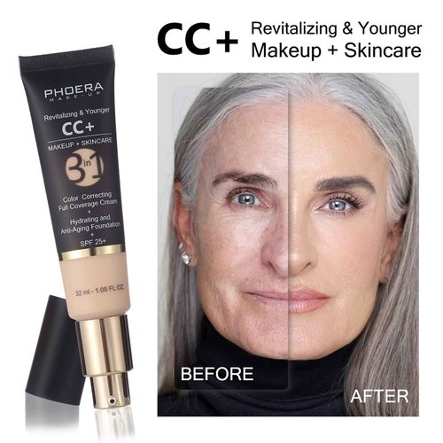 PHOERA CC+ Cream Color Correcting Anti Aging Hydrating Serum & SPF 25+, PHOERA Primer, Kabuki Makeup Brushes Foundation Brush Powder (103 Warm Peach+120 Nude)