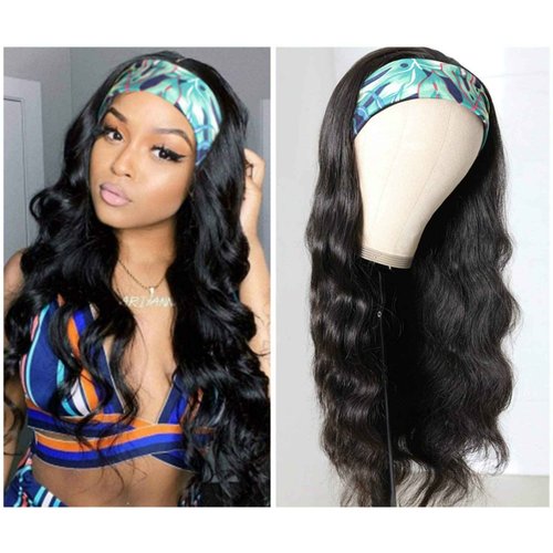 catti Headband Wig Human Hair Body Wave Headband Wigs for Black Women Brazilian Virgin Hair Glueless None Lace Front Half Wigs Human Hair Wear and Go Headband Wigs 150% Density (18" Headband wigs)
