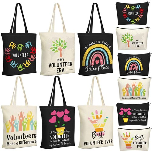 Yaomiao 12 Pcs Volunteer Appreciation Gifts Volunteer Tote and Cosmetic Bags Set for Women Funny Canvas Reusable Grocery Bag with Zipper Makeup Bag for Christmas Holiday Thank You Gifts, Church, Group