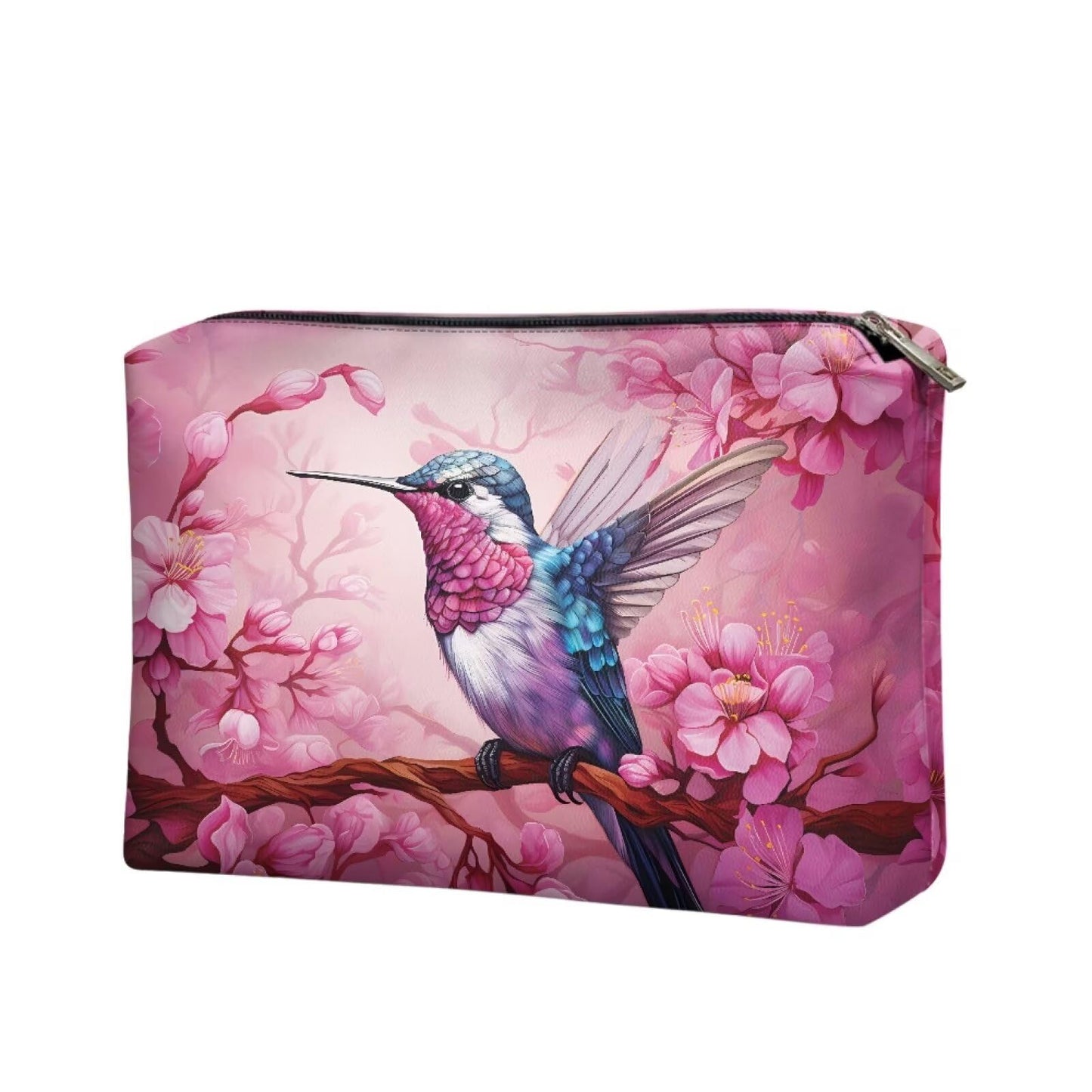 ELEDIZI Hummingbird Makeup Bag Cherry Blossom Makeup Purses Cosmetic Case for Cute Bags for Teen Girls Pu Leather Clutch Bag Pink Toiletry Bag for Women Aesthetic Skincare Bag Travel Lipstick Pouch