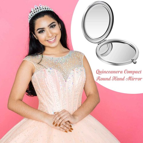 Taiyin 24 Pcs Quinceanera Party Favors for Guests Baptism Compact Mirror Favor Round Hand Makeup Mirror Quinceanera Gifts for 15 Year Old Girl Sweet 15 Birthday Gift for Guest(Silver)
