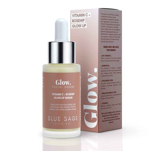 Blue Sage Vitamin C + Rosehip Glow up Daily Facial Serum | Natural Anti-Aging Skin Care Face Serum - Hyaluronic Acid, Witch Hazel and Glycolic Acid to smooth, Tighten and Brighten skin