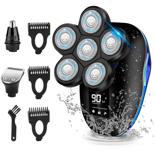 Electric Head Shavers for Bald Men, Upgraded 6-in-1 Waterproof Wet/Dry Grooming Kit Electric Shaver for Men, Cordless Rechargeable Bald Head Razor for Home&Travel