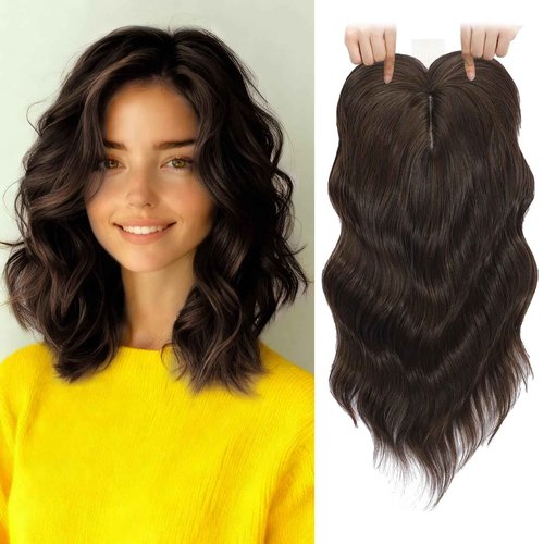 TYQ Hair Toppers for Women with Thinning Hair,14 Inch 360° 3D Synthetic Curly Wavy Side Part Clip in Bangs(Dark Brown Mixed Chestnut)