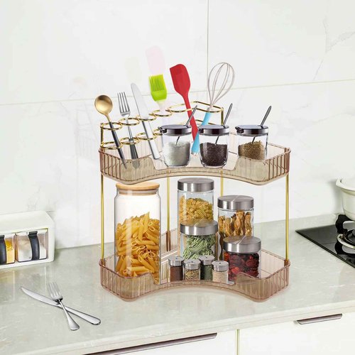 Cosmetic Display Cases Makeup Organizer: Corner Vanity Makeup Shelf Holder Multi-Function Bathroom Display box Cosmetic Storage Holder for Dresser,Fits Cosmetics, Perfume, Skincare(2-Tier,Amber Gold)