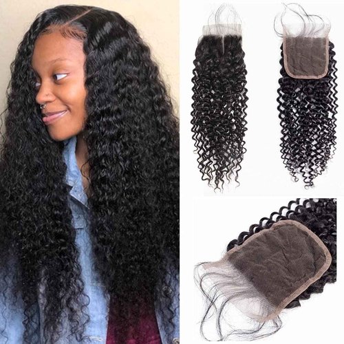 Brazilian Kinky Curly 4x4 Lace Closure 100% Unprocessed Human Virgin Hair Pre Plucked Jerry Curly Pre-Plucked Hairline Frontal Closure Natural Black With Baby Hair (14inch, curly closure)