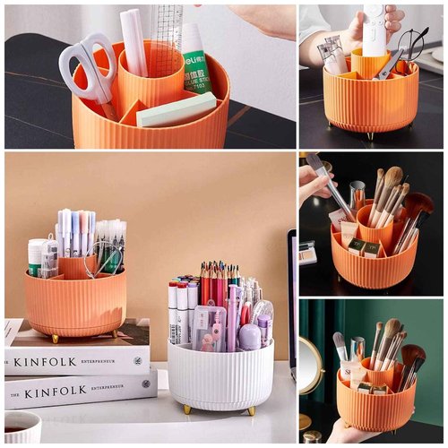 DASITON Large Capacity Makeup Brush Holder,360° Rotating Makeup Organizer,5 Slot Makeup Brushes Cup,for Vanity Decor,Bathroom Countertops,Desk Storage Container,Cosmetic Display cases(Blue)
