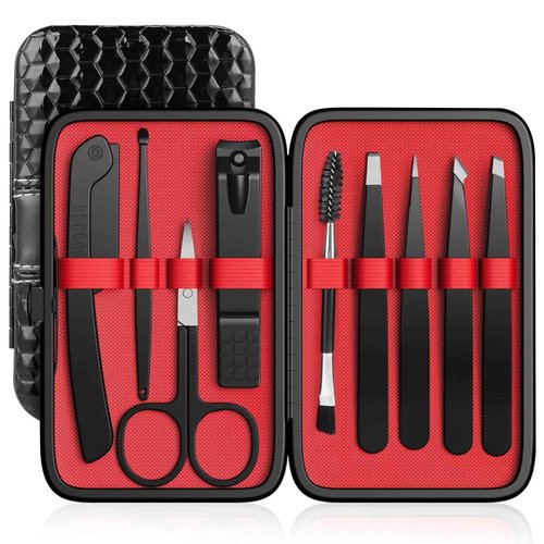 Tweezers Set, Hyxhappy 9 pcs Professional Stainless Steel Tweezers Kit for Facial Hair, Precision Plucker Eyebrow Tweezer Kit with Luxurious Travel Case as Stocking Stuffers Gifts for Women/men