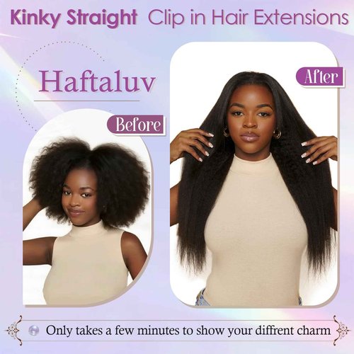 HAFTALUV Kinky Straight Clip in Hair Extensions 130g 6Pcs Protein Fiber Close to Human Hair Clip in for Black Women Full Head Double Weft 20inch #4