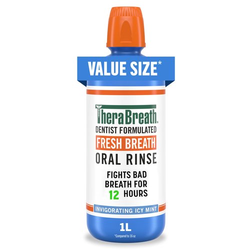 TheraBreath Fresh Breath Oral Rinse, Invigorating ICY Mint Flavor, Dentist Formulated and ADA-Accepted Mouthwash for Bad Breath pH-Balanced, Alcohol Free & Non-Burning, 1 Liter