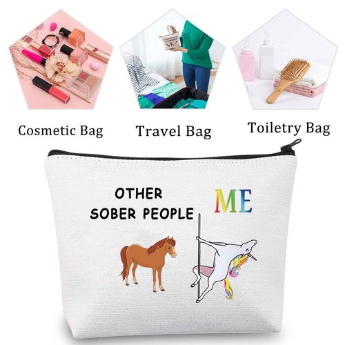 MBMSO Sobriety Gifts Funny Sober Gifts Makeup Bag Other Sober People Unicorn Sober Cosmetic Travel Bag Soberversary Gifts (Other Sober People Me white)