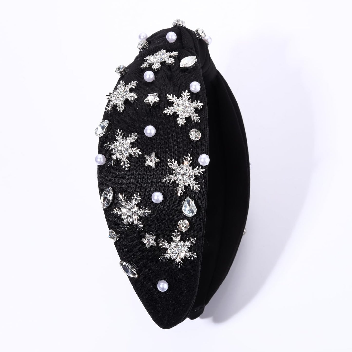 Christmas Headband for Women Jeweled Xmas Plaid Headband Embellished Crystal Pearl Knotted Headbands Wide Top Knot Holiday Headband Christmas Hair Accessories Holiday Outfits Gifts (Snowflake Black 2)