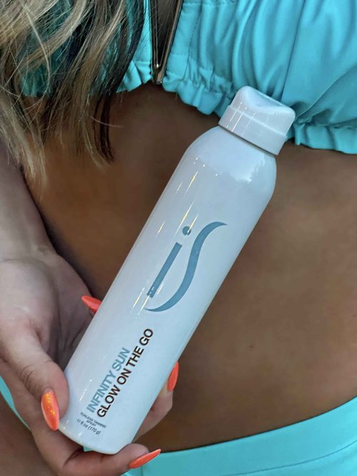 Infinity Sun, Glow on the Go | Quick drying, non-sticky Self Tanner Bronze Spray, Sunless Tanning and Antiaging Skin Care Spray for all Skin Tones | Natural Ingredients Streak Free | 3.4 fl oz