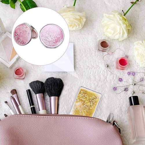AKOAK 1 Pack Compact Mirror, Portable Quicksand Pocket Travel Makeup Mirror, Folding Hand-held Double Sided 1x/2x Magnifying Glass, Great Gift for Women and Girls (Pink)