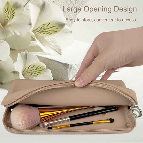 Jaasuee Zipper Makeup Brush Bag for Travel, Cosmetic Case for Women,Large Silicone Holder, Brush Pouch Case for Tools - Khaki
