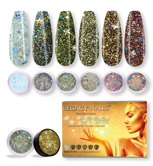 Legacy Nails Professional COLLECTION Acrylic Powder Kit 6 Colors Nail Art Set for Manicure DIY for Dip & Acrylic Nail Extensions (LUSTER COLLECTION)