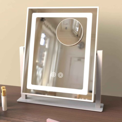Lighted Vanity Mirror for Desk or Dorm, Dimmable LED Makeup Mirror with 3 Color Lights, Touch Sensor, USB Powered, Portable Table Mirror for Girls, Teens, Students(12in, White)