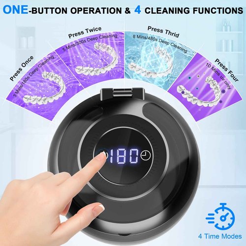 45kHz Ultrasonic Retainer Cleaner Machine, 200ML Denture Cleaner, 4 Modes with Digital Timer Mouth Guard Cleaner, Night Guard Cleaner Dental Cleaning Pod for Aligner, Braces, Jewelry (Dark Black)