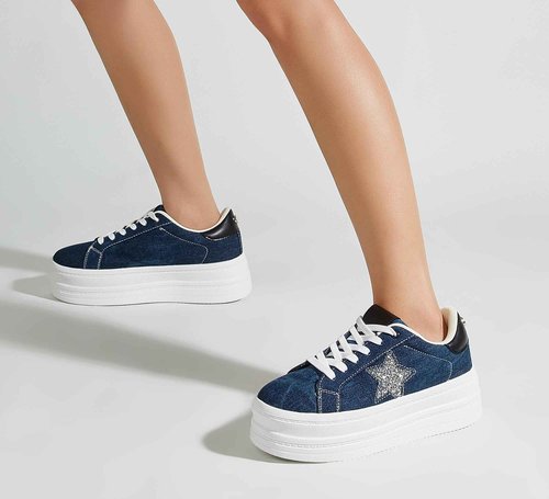 BELOS Fashion Platform Women Sneakers Faux Suede Stars Holographic Rainbow Walking Shoes (Denim Blue,7)