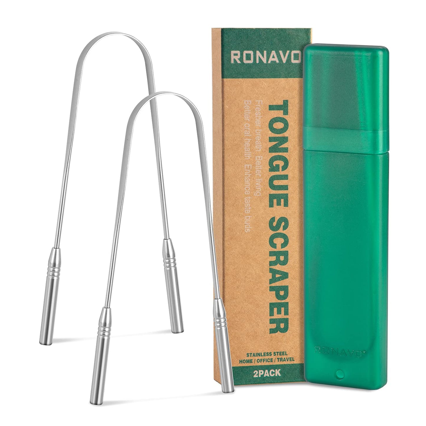 RONAVO Tongue Scraper for Adults, U Shaped, Flexible to Twist and Turn, Effectively Clean Tongue, Fresher Breath in Seconds, 100% Stainless Steel Tongue Cleaner, with Travel Cases