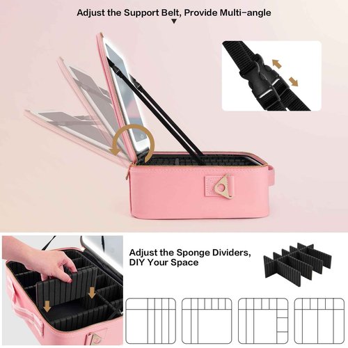 saiggnyy 15"×11" Large Pink Makeup Bag with Mirror, Personal Item Travel Bag with Makeup Mirror 3 Lights, Waterproof Train Case with Mirror and Adjustable Dividers,Professional Lighted Makeup Case
