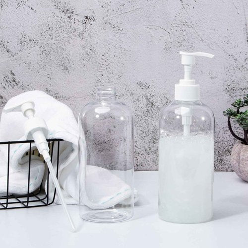 Yebeauty Plastic Pump Bottle, 4 Pack 17oz/500ml Stylish Shampoo Bottles Refillable Hand Pump Bottle Dispenser with Press for Massage Oil, Liquid Hand, Clear