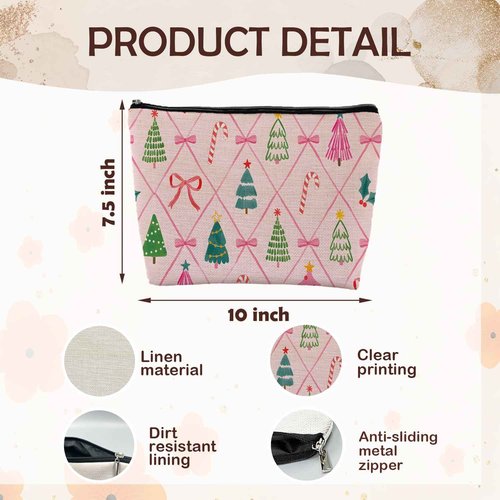 ignytiger Pink Christmas Makeup Bag, Preppy Xmas Holiday Gifts Supplies Cosmetic Bags for Women, Pink Red and Green Canvas Makeup Bags Zipper Pouches for Purse